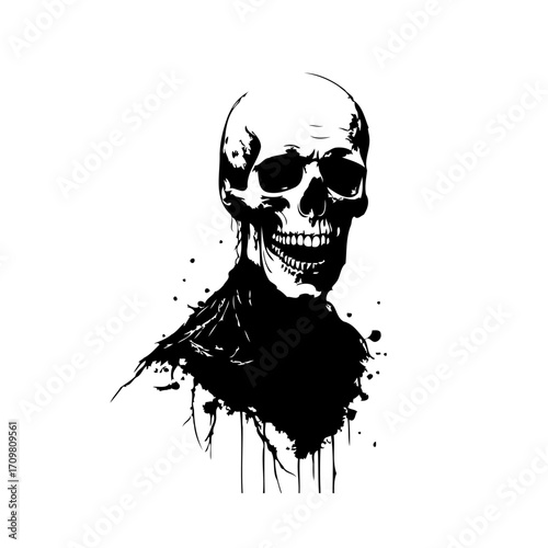Monochrome skeletal figure artful depiction in splattered ink style morbid essence graphic