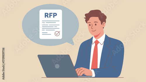 Man working on laptop with rfp document in a speech bubble above