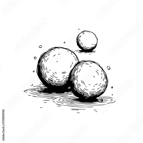 Monochrome sketch of three spheres exhibiting concentric ripple reflection across a serene surface