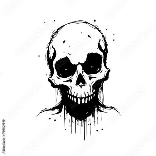 Monochrome skull artwork with dripping ink elements creating a striking macabre and unique