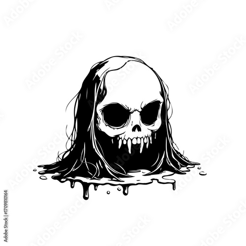 Monochrome skull with dripping darkness showcases a spooky art piece for horror and death