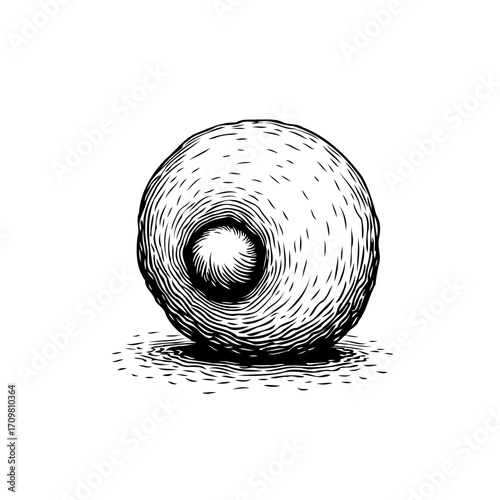 Monochrome sphere illustration with intricate hatching showcasing depth and form on clean white