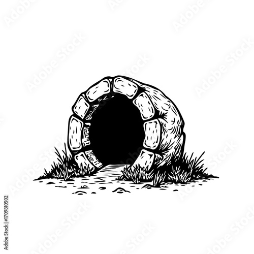 Monochrome stone portal illustration evocative sketch depicting ancient entrance natural stone