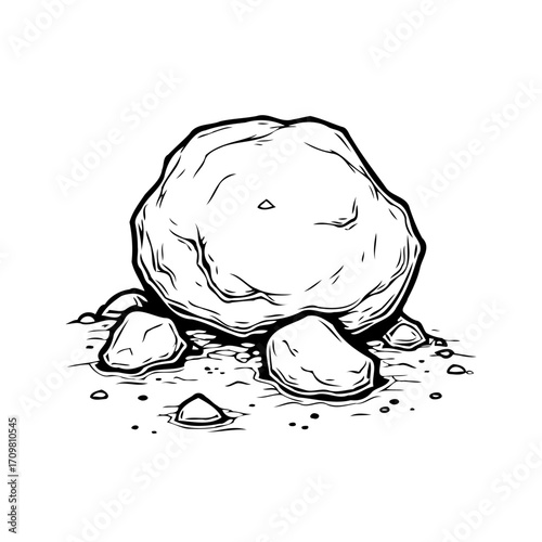Monochrome stone sketch depicts rocky textures and natural formations on white background in
