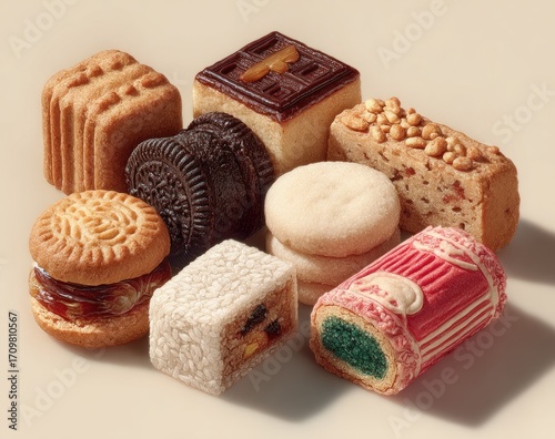 Assorted baked goods, various shapes and fillings