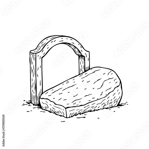 Monochrome tombstone illustration against somber wood archway creating a thought provoking visual