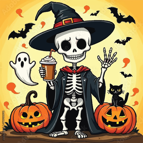 A cheerful cartoon skeleton in a witch hat sips a drink, surrounded by pumpkins, bats, a ghost, and a black cat, celebrating Halloween.