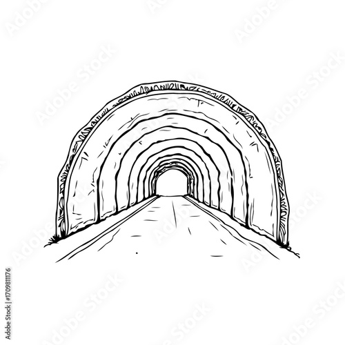 Mysterious black and white tunnel sketch depicting a receding road vanishing into distant