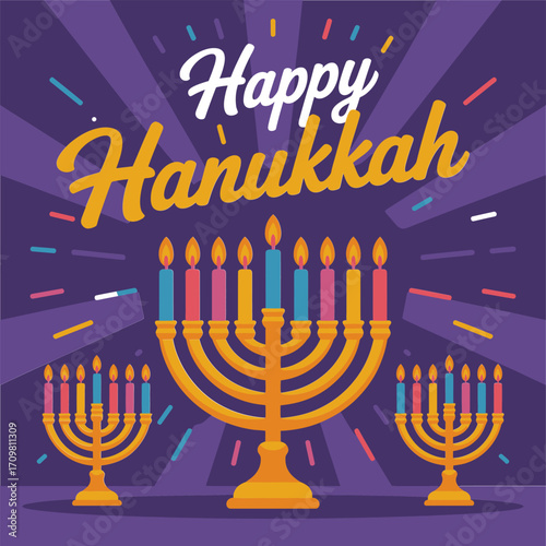 Happy Hanukkah typography, large menorah centerpiece with side candlesticks, burst rays background, bright celebration theme, cheerful holiday vector