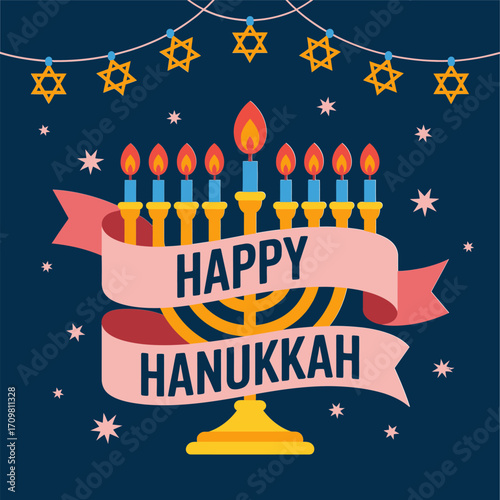 Happy Hanukkah ribbon banner, string lights and stars, hanging ornaments, festive candles, celebratory layout, colorful greeting template vector