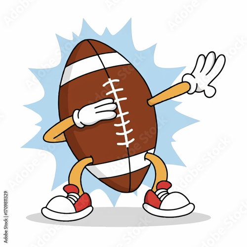 Cartoon football character dabbing with arms, legs, gloves, and shoes on a starburst background, showcasing a playful and energetic pose.
