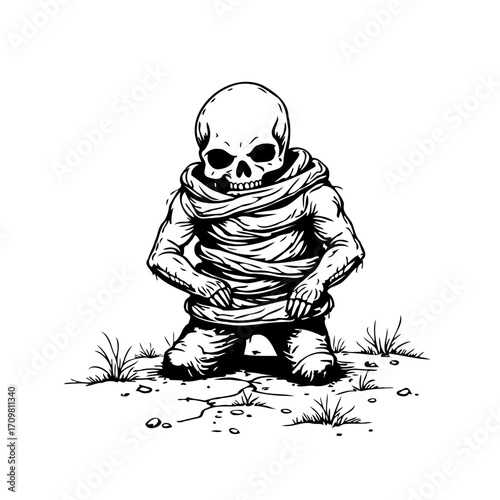 Mysterious shrouded skeleton figure emerges from barren ground a stark black and white illustration