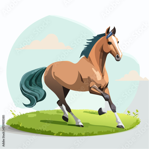 3D Pferd, galoppierend über Wiese, realistische Muskulatur, Outdoor-Szene, dynamische Pose, fotorealistisch