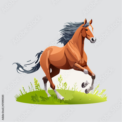 3D Pferd, galoppierend über Wiese, realistische Muskulatur, Outdoor-Szene, dynamische Pose, fotorealistisch