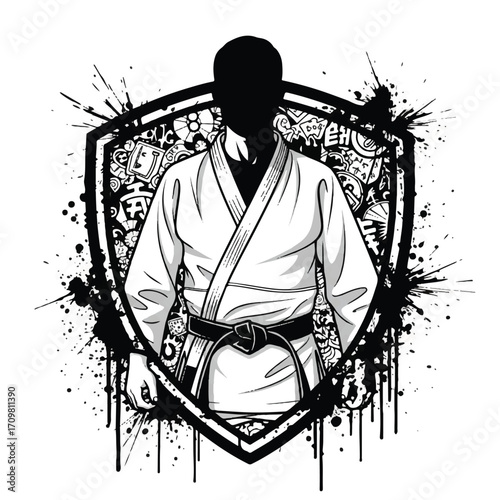 BJJ athlete in gi inside a shield graphic.