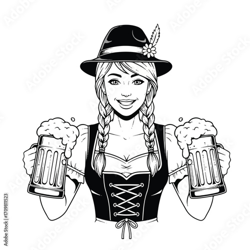 A smiling woman in traditional German attire holding two large beer steins.