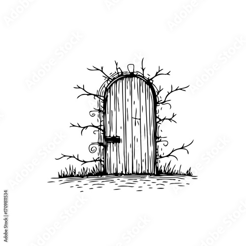 Mysterious wooden door hidden in the forest with overgrown branches and a whimsical sketch style