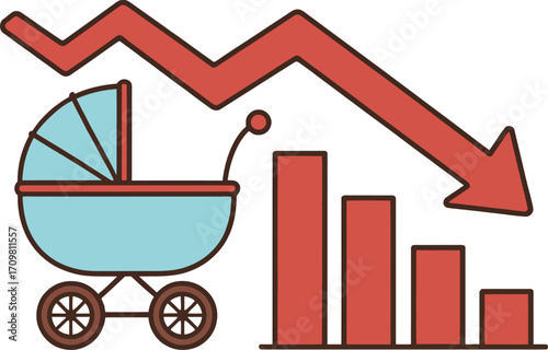 Baby carriage with downward trend line and bar graph illustration