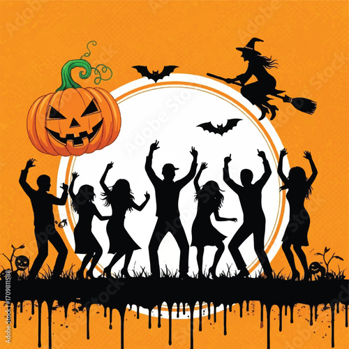 Halloween party silhouettes of people dancing, a witch on a broom, and a pumpkin, on an orange background.
