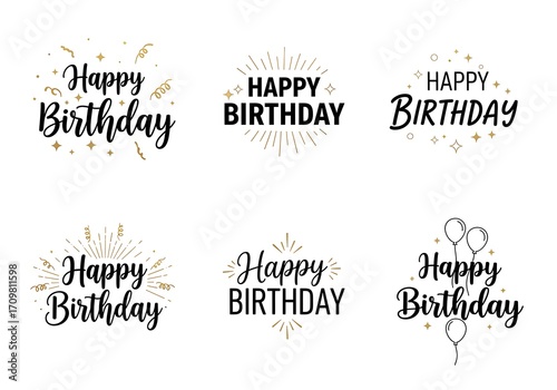 Happy birthday celebration text designs with confetti and sparkles