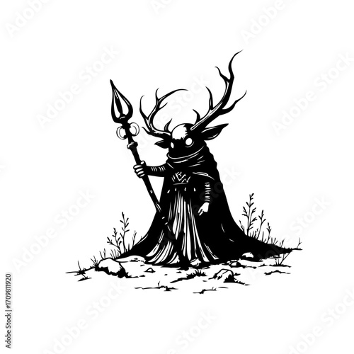 Mystical forest guardian with antlers and staff standing watch over a shadowy realm illustration