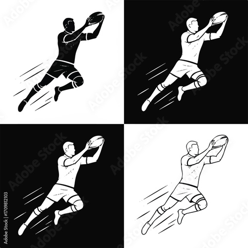 Four rugby players catching a rugby ball in the air, black and white illustrations.