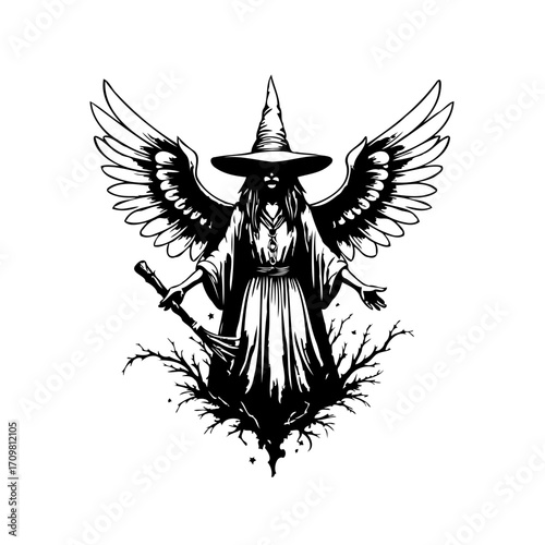 Mystical sorceress with outstretched wings emerges from withered branches wielding a powerful