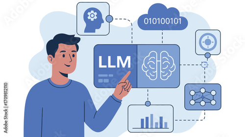 Man presenting llm concept with brain and data cloud illustration