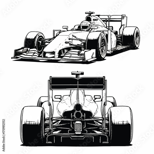 Monochrome illustration of a Formula 1 race car, front and rear views, detailed design.