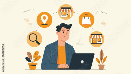 Man using laptop with online shopping icons floating above him