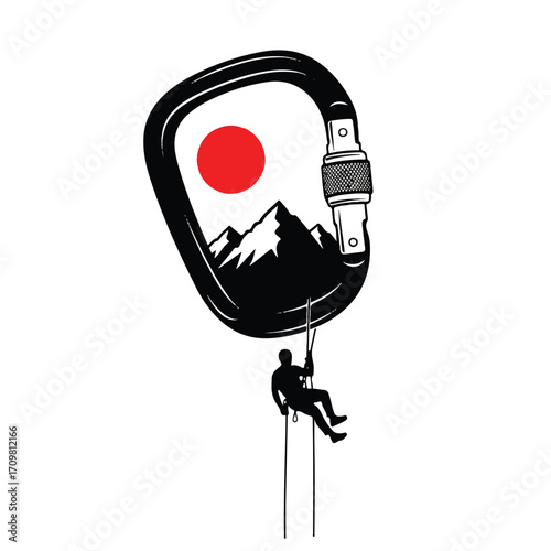 Silhouette of a climber rappelling down a rope, inside a carabiner with mountains and a sun.