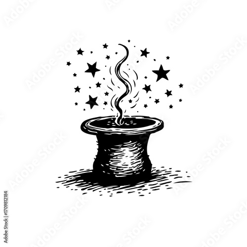 Mystical top hat with rising smoke and floating stars invites a touch of enigmatic allure