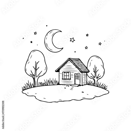 Nighttime tranquility a whimsical doodle of a cozy house under the crescent moon and starry sky