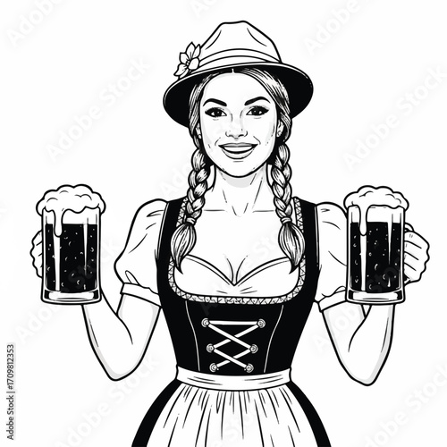 Smiling woman in dirndl serving two beer steins.