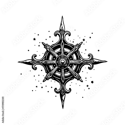 Ornate celestial navigation compass rose illustration evoking exploration, destiny, cosmic