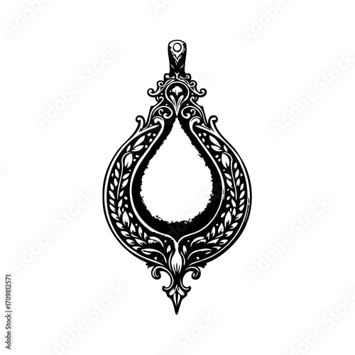 Ornate teardrop pendant design in black and white featuring intricate filigree details with