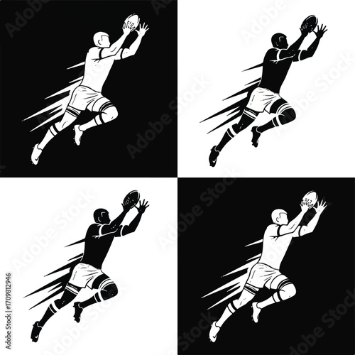 Four-panel graphic of a football player catching a ball in mid-air.