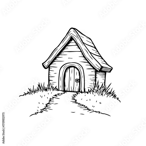 Quaint cabin sketch amidst grassy knoll invites storytelling and evokes childhood memories with