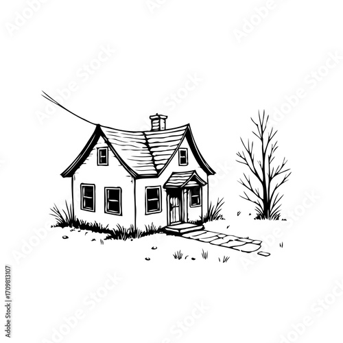 Quaint dwelling with sloped roof rendered in monochrome sketch with barren tree evokes solitude