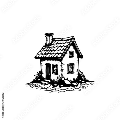 Quaint dwelling with steep roof a brick chimney whimsical architectural illustration and garden