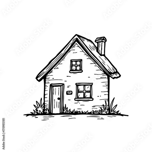 Quaint residence illustration showcasing architectural simplicity and countryside charm inviting