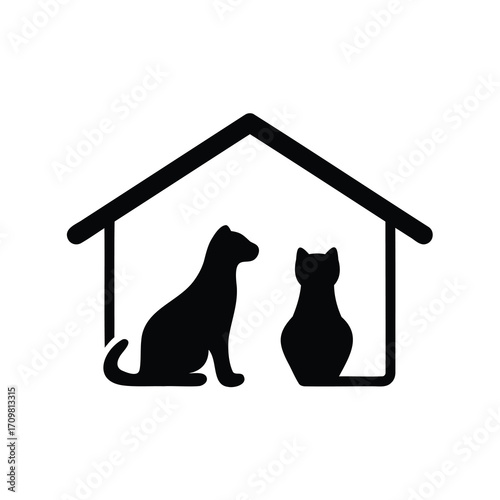 Dog and Cat Inside a House Silhouette for Pet Care Services
