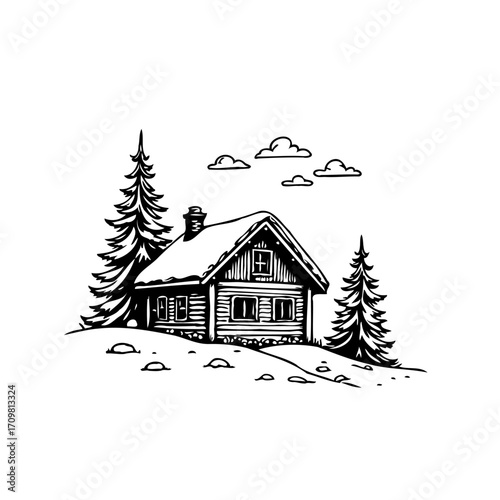 Quaint winter cabin retreat nestled amongst snow covered hills under a serene sky and snow touched