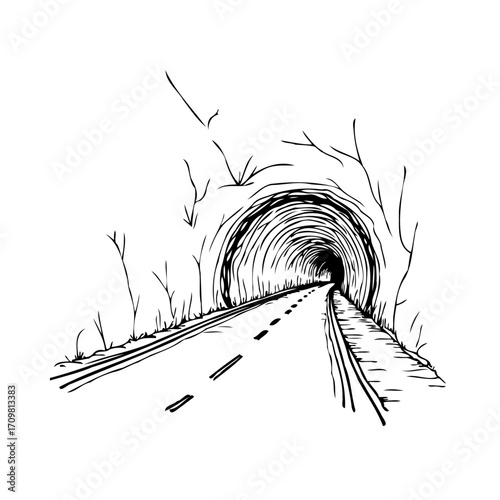 Road disappearing into mysterious tunnel with sketch aesthetic, symbolizing journeys and uncharted