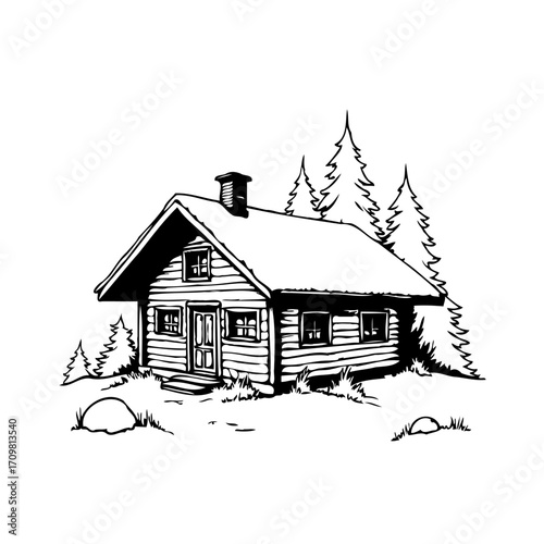 Rustic cabin nestled among towering fir trees a serene retreat in nature's embrace tranquility