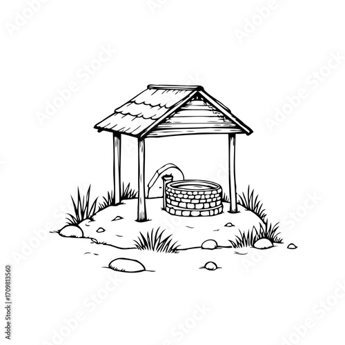 Rustic charm depiction drawing showcasing water well with aged brickwork a pastoral sketch evoking