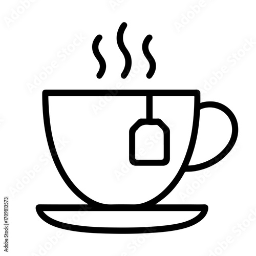 Tea cup with saucer and teabag line icon in black and white
