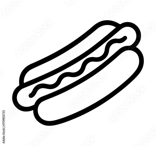 A line drawing icon of a hotdog in black and white