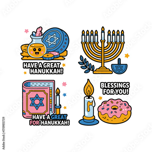 Hanukkah sticker pack, menorah dreidel sufganiyah jar, blessings for you phrases, playful outline style, cheerful holiday vector elements