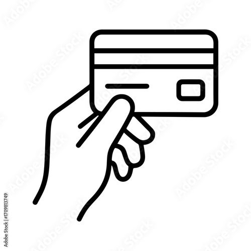 Hand holding a credit card line icon in black and white